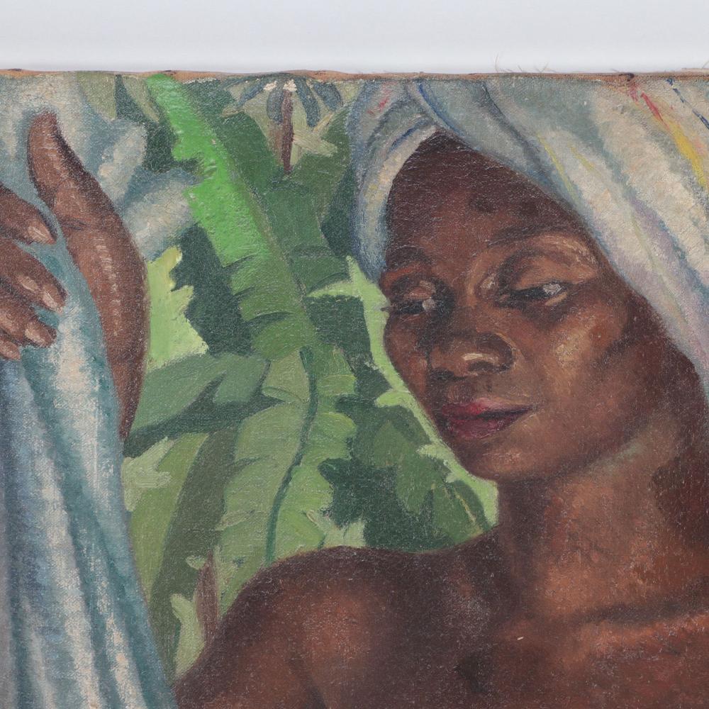 This painting depicts a nude woman having recently bathed with towel around her lower body and wrapped around her hair in the the foreground with a stream and palms trees / jungle in the background. 

Oil on canvas, signed lower right and dated 