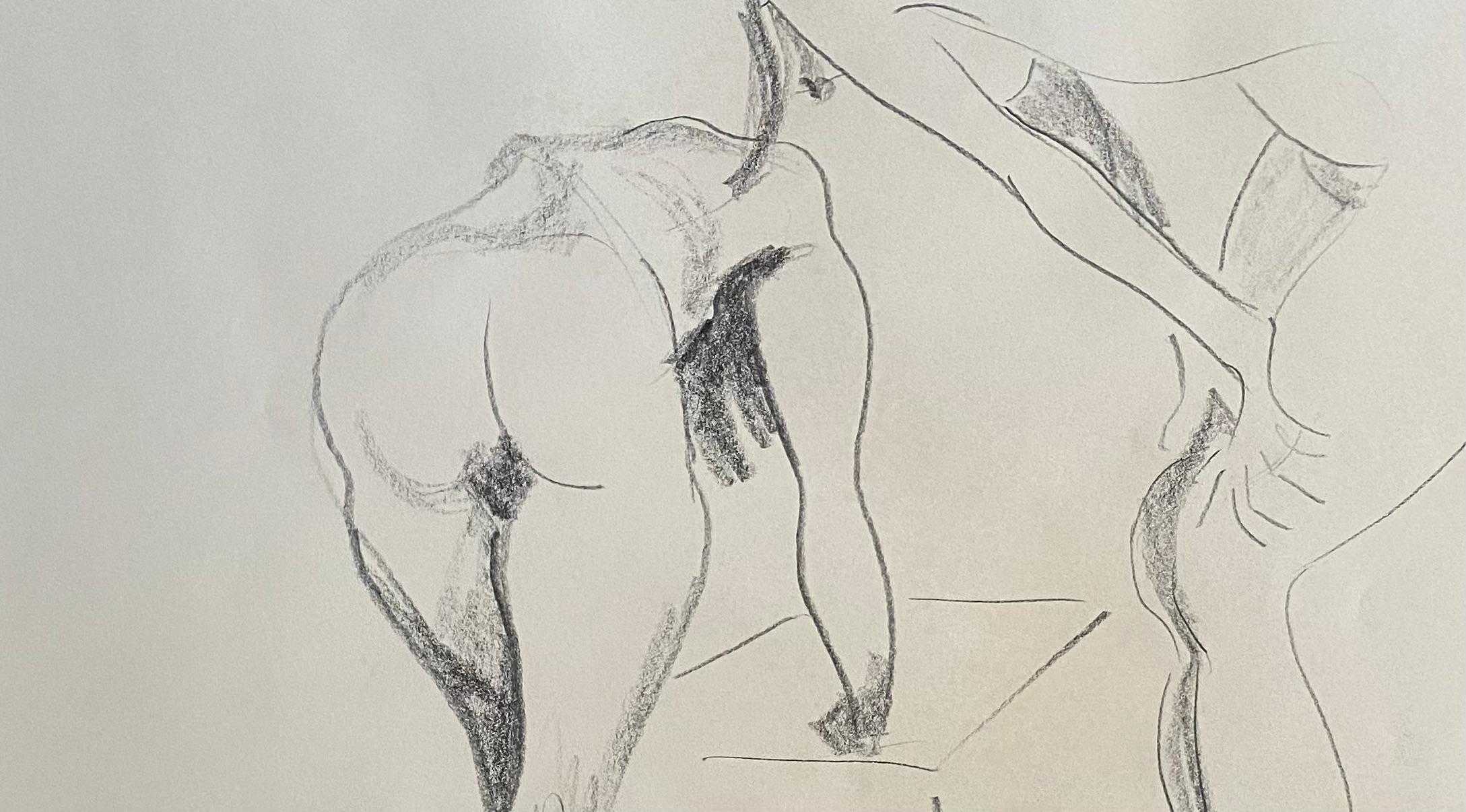Mid-Century Modern Dessin de femmes nues dans un cadre argenté en vente
