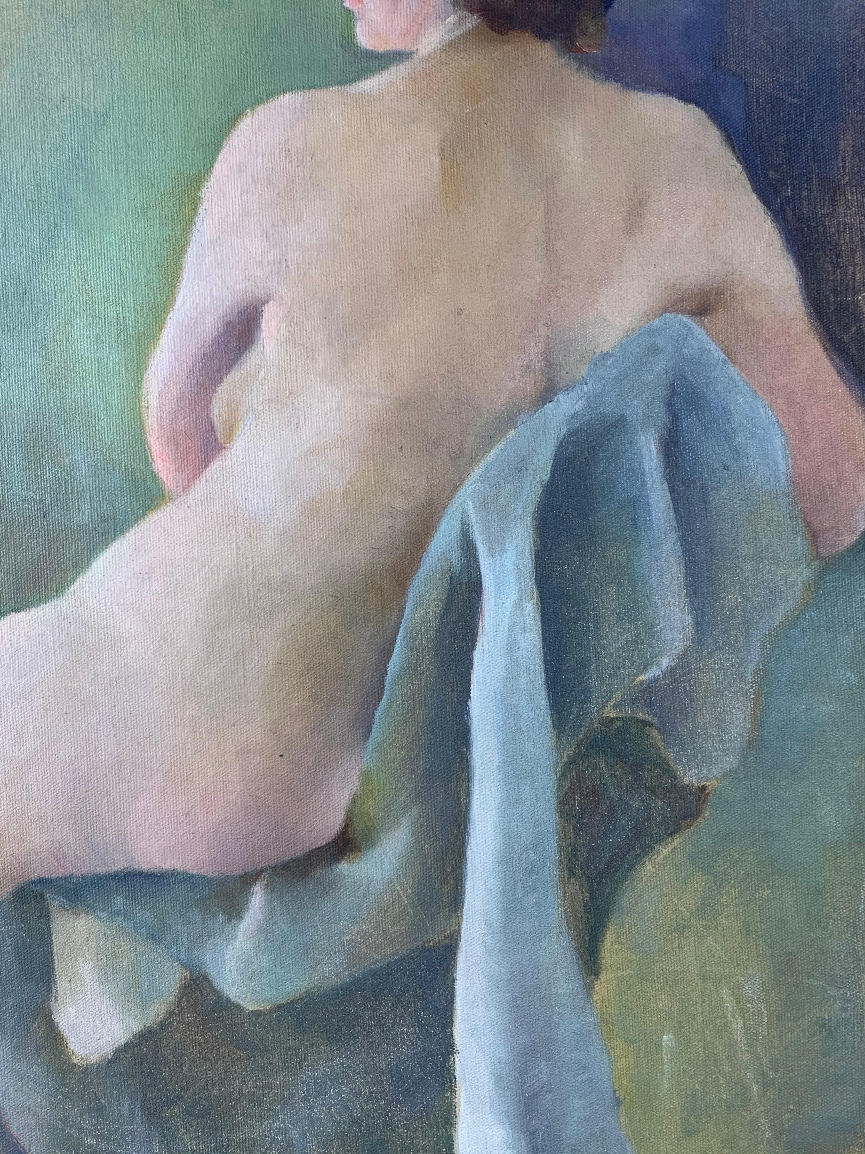 Nude Women Sitting on a Chair Oil Painting In Good Condition In Delray Beach, FL