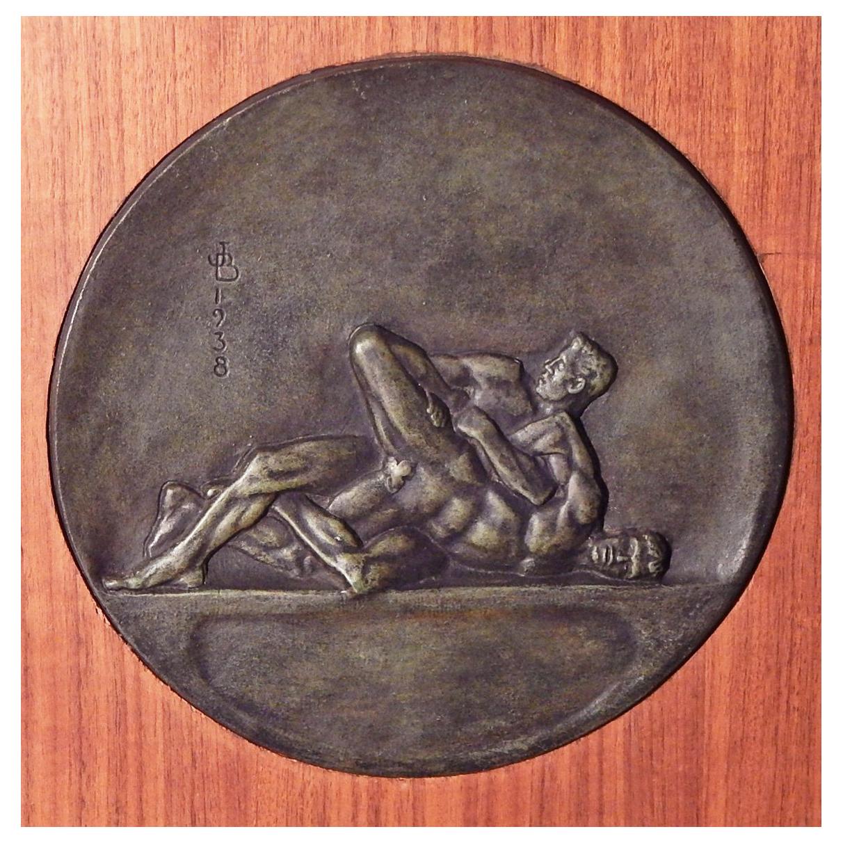 "Nude Wrestlers, " Rare and Early Bronze Art Deco Relief Plaque by Joe Brown