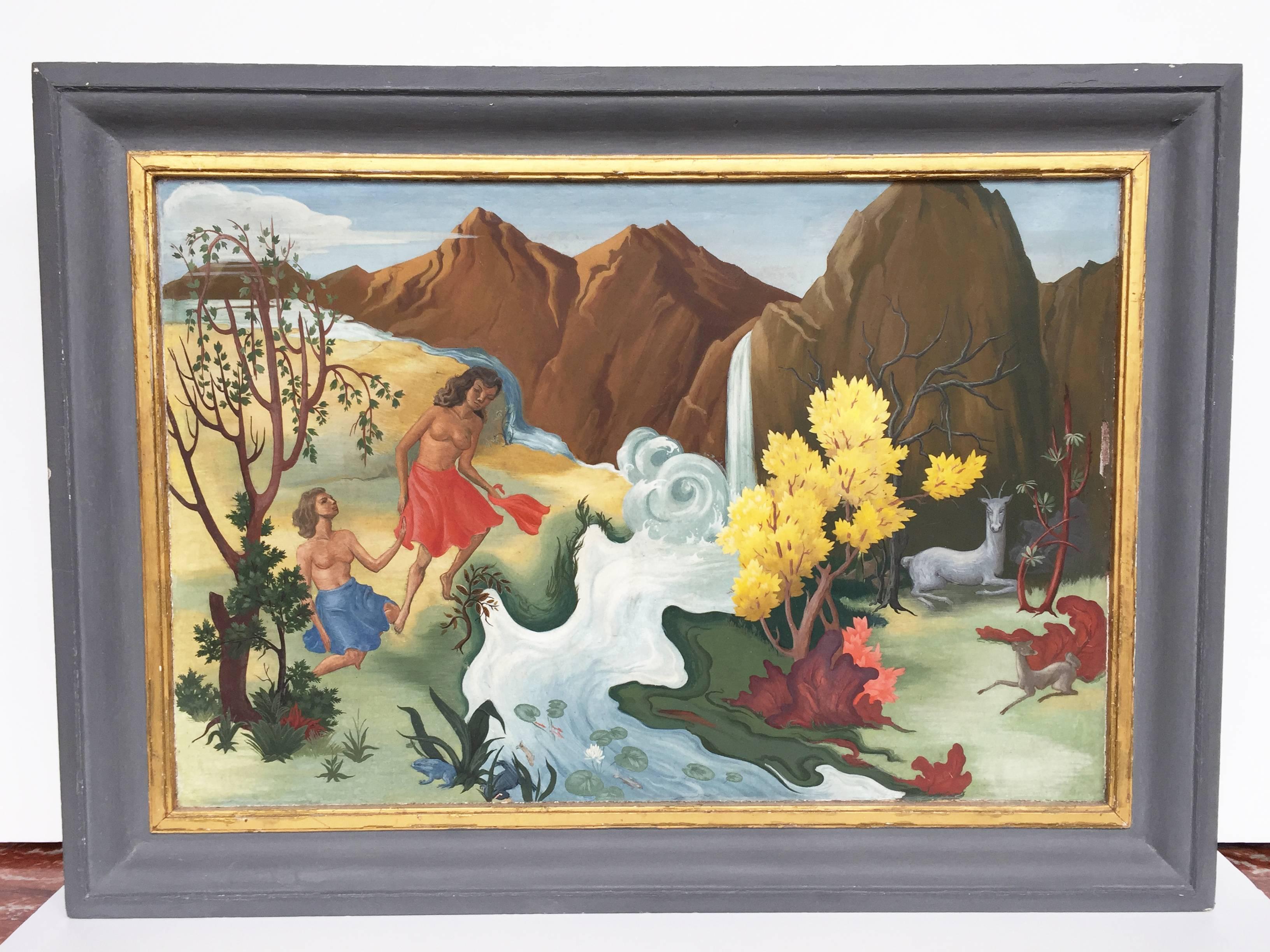 This Surrealist landscape painting was painted, circa mid-20th century, though it could have been created earlier. The materials are gouache on masonite board with a custom, painted hardwood frame. The artist is unknown, although hand-written on the