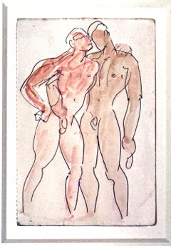 "Nus en noir et rose", Trio d'aquarelles avec des nus masculins, années 1960.