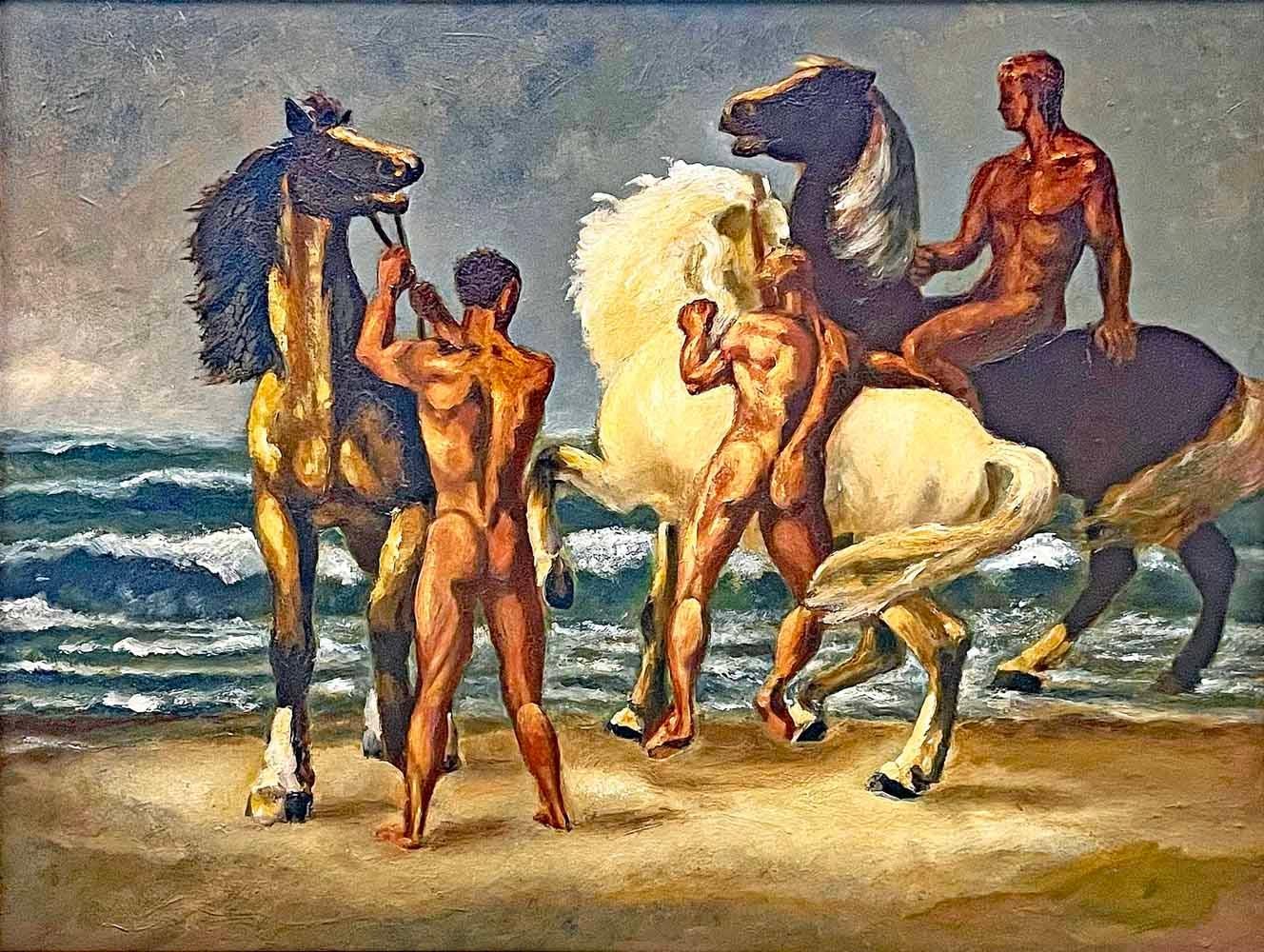 Poursuivant une tradition vieille de plusieurs décennies, Josef Pieper a peint une série de scènes de bord de mer avec de multiples figures masculines nues, chevauchant ou menant des chevaux le long du rivage, leurs corps forts et leur teint