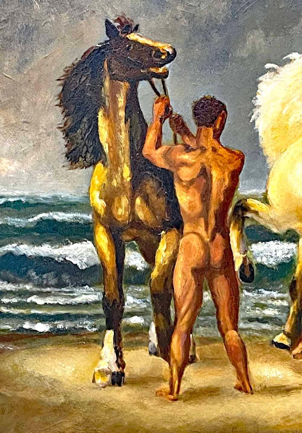 Art déco « Nus dans le surf », peinture atmosphérique représentant des nus masculins et des chevaux en vente