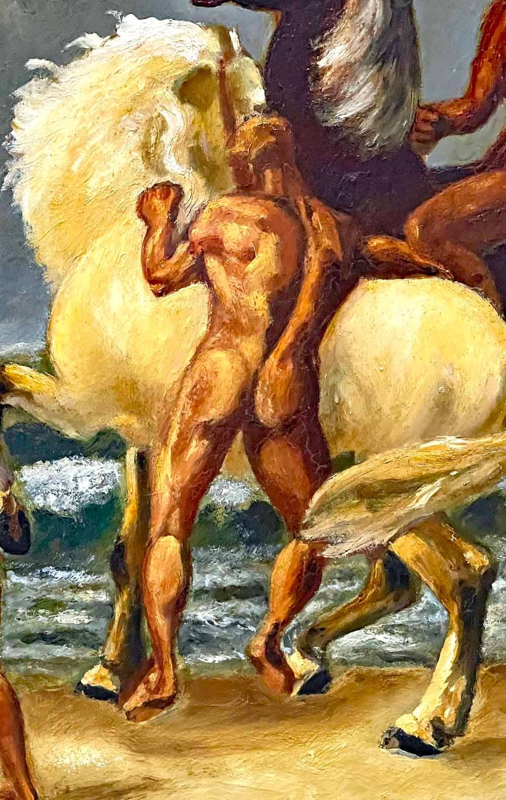Allemand « Nus dans le surf », peinture atmosphérique représentant des nus masculins et des chevaux en vente
