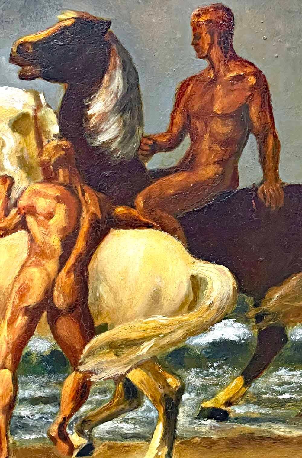 Peint « Nus dans le surf », peinture atmosphérique représentant des nus masculins et des chevaux en vente