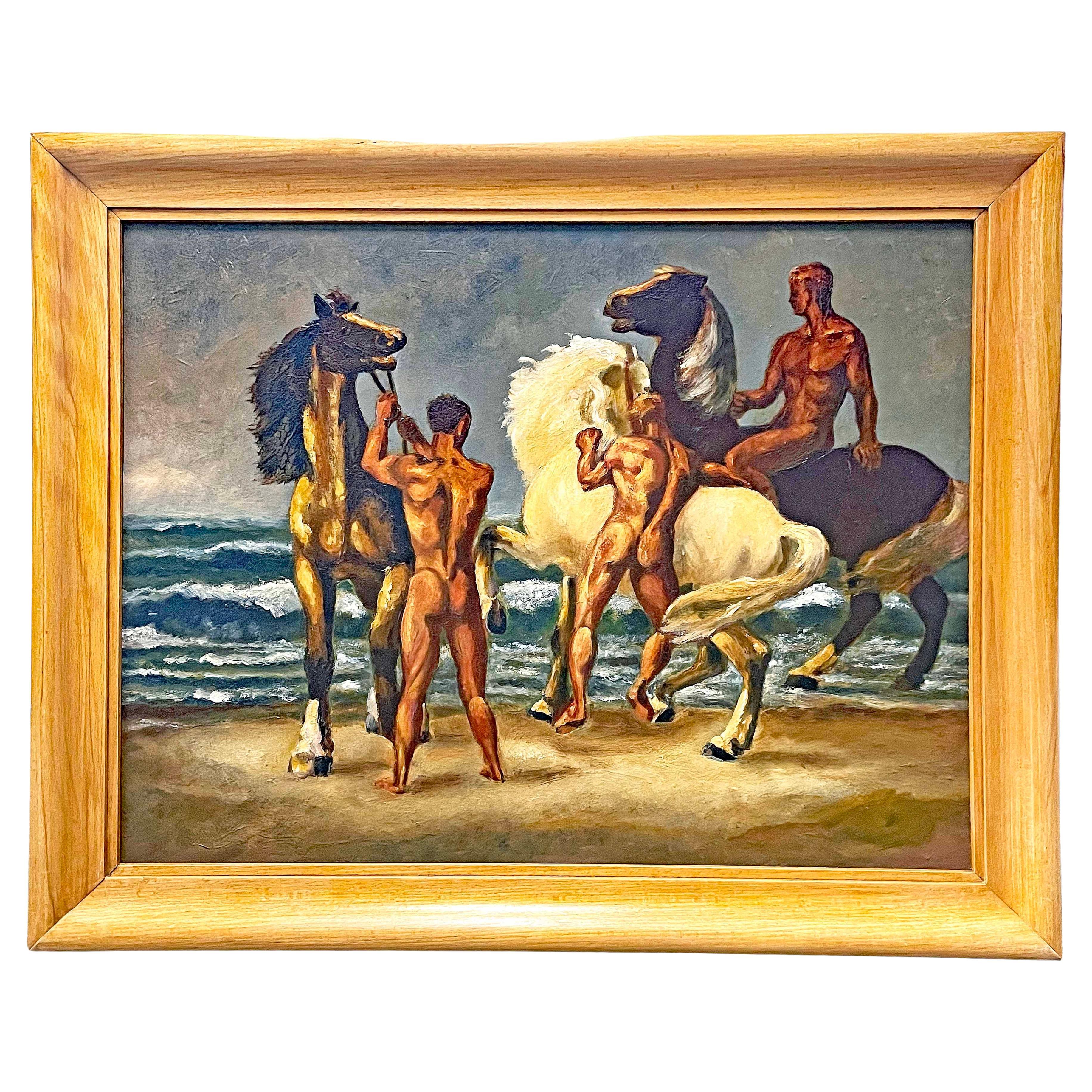 "Nudes in the Surf", Atmospheric Painting with Male Nudes and Horses