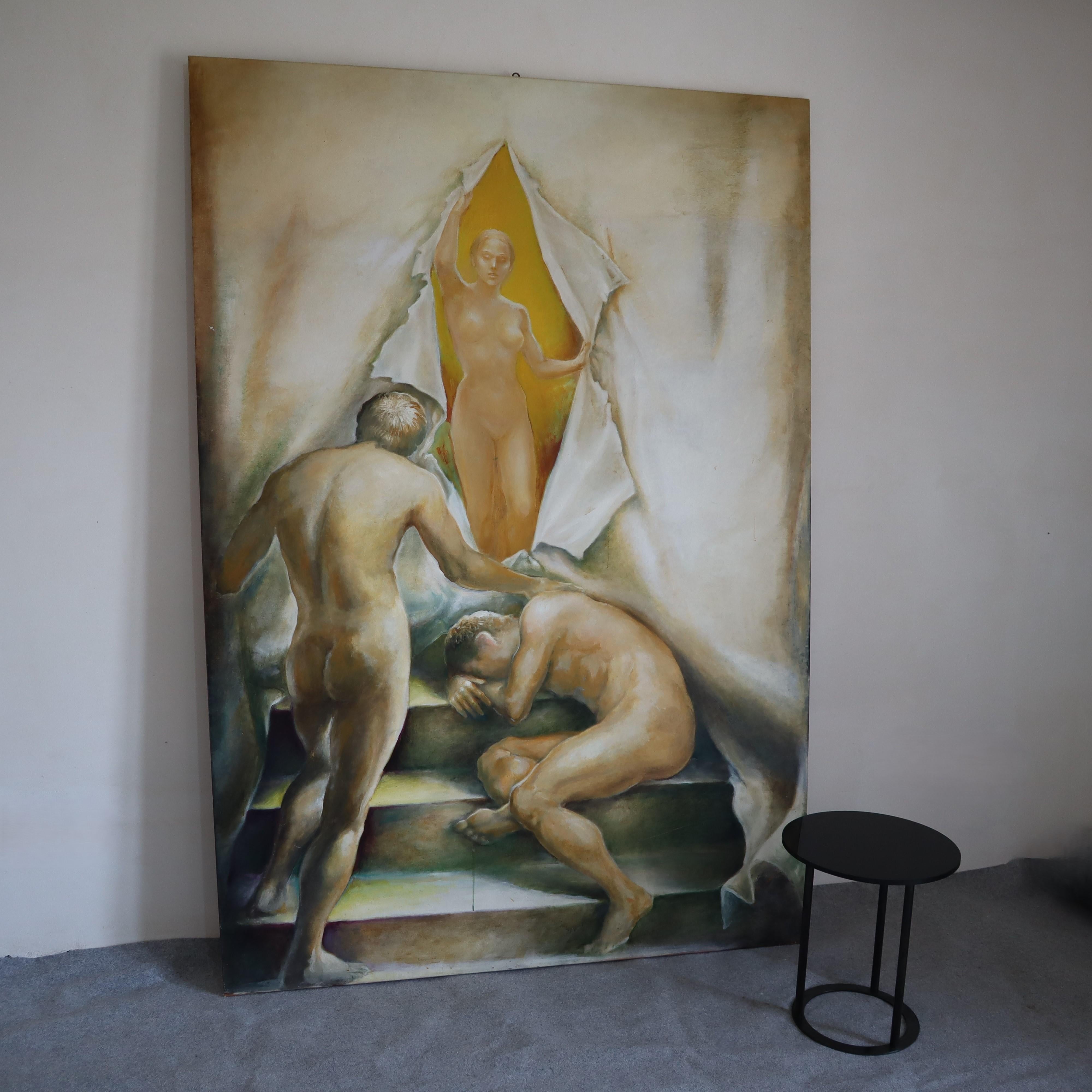 Desnudo masculino femenino pintura sobre lienzo, Italia, década de 1990
Este óleo sobre lienzo presenta un gran cuadro que capta una conmovedora escena en la que aparecen tres figuras desnudas. El foco central son dos figuras masculinas situadas en