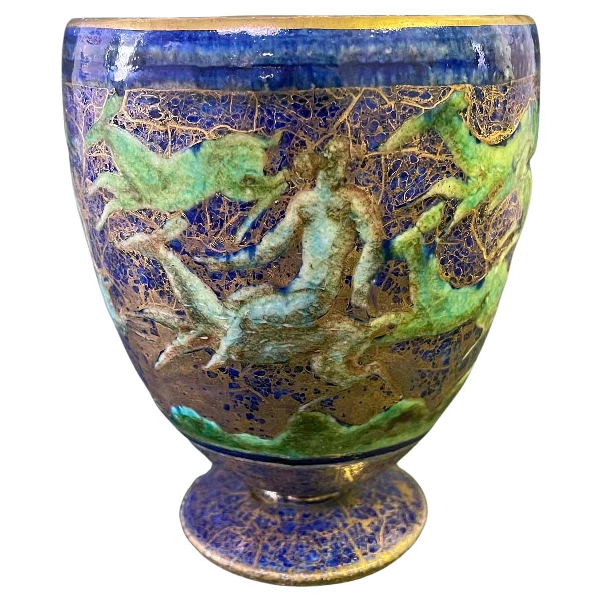 "Nudes Riding Deer", Superb Art Deco Vase by Mayodon in Blue, Green and Gold For Sale