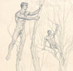 "Nus suspendus", dessin surréaliste de jeunesse avec des nus masculins par John B. Lear