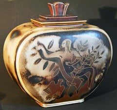 "Nudes with Falcons, " Masterful Art Deco Covered Jar by Nylund for Rorstrand