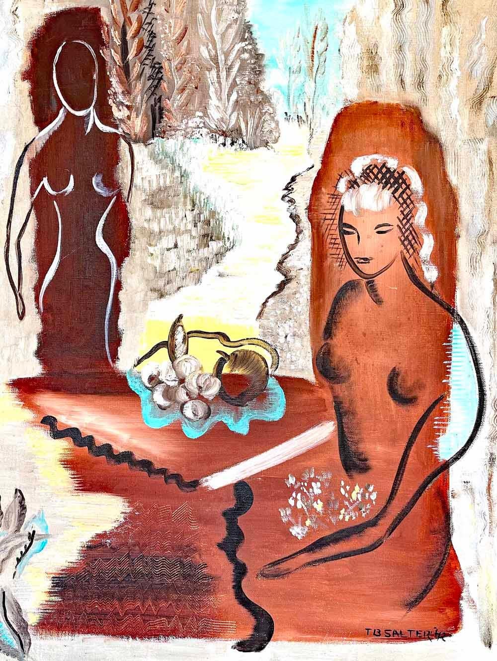 Diese eindrucksvolle Darstellung zweier nackter Frauenfiguren, die um einen Tisch mit einer Schale Obst sitzen, wurde 1942 von Thelma Salter gemalt und ist eindeutig von Raoul Dufy, Marie Laurencin und Hollywoods Bühnenbildern beeinflusst.  Sowohl