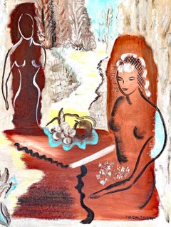 "Nudes with Fruit Bowl", French-Influenced 1940s Painting, Oil on Canvas