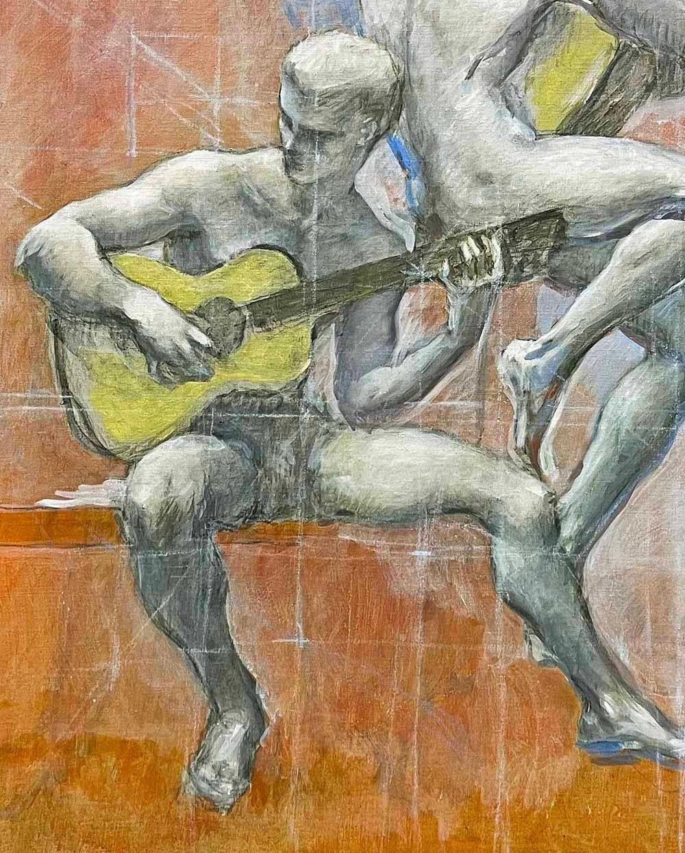 Beautifully painted in tones of ruddy-burnt sienna, gray and white, this unusual painting by Christopher Clark depicts two nude guitarists -- or perhaps a single guitarist in two positions.  The entire painting is gridded in white, perhaps