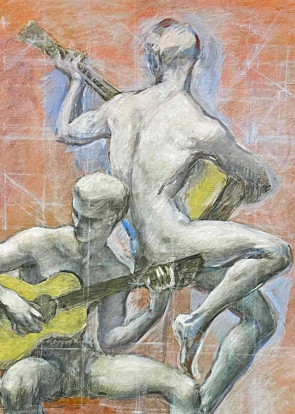 „Akte mit Gitarren“, Gemälde mit männlichen Akten aus der Mitte des Jahrhunderts von Christopher Clark (Moderne der Mitte des Jahrhunderts) im Angebot