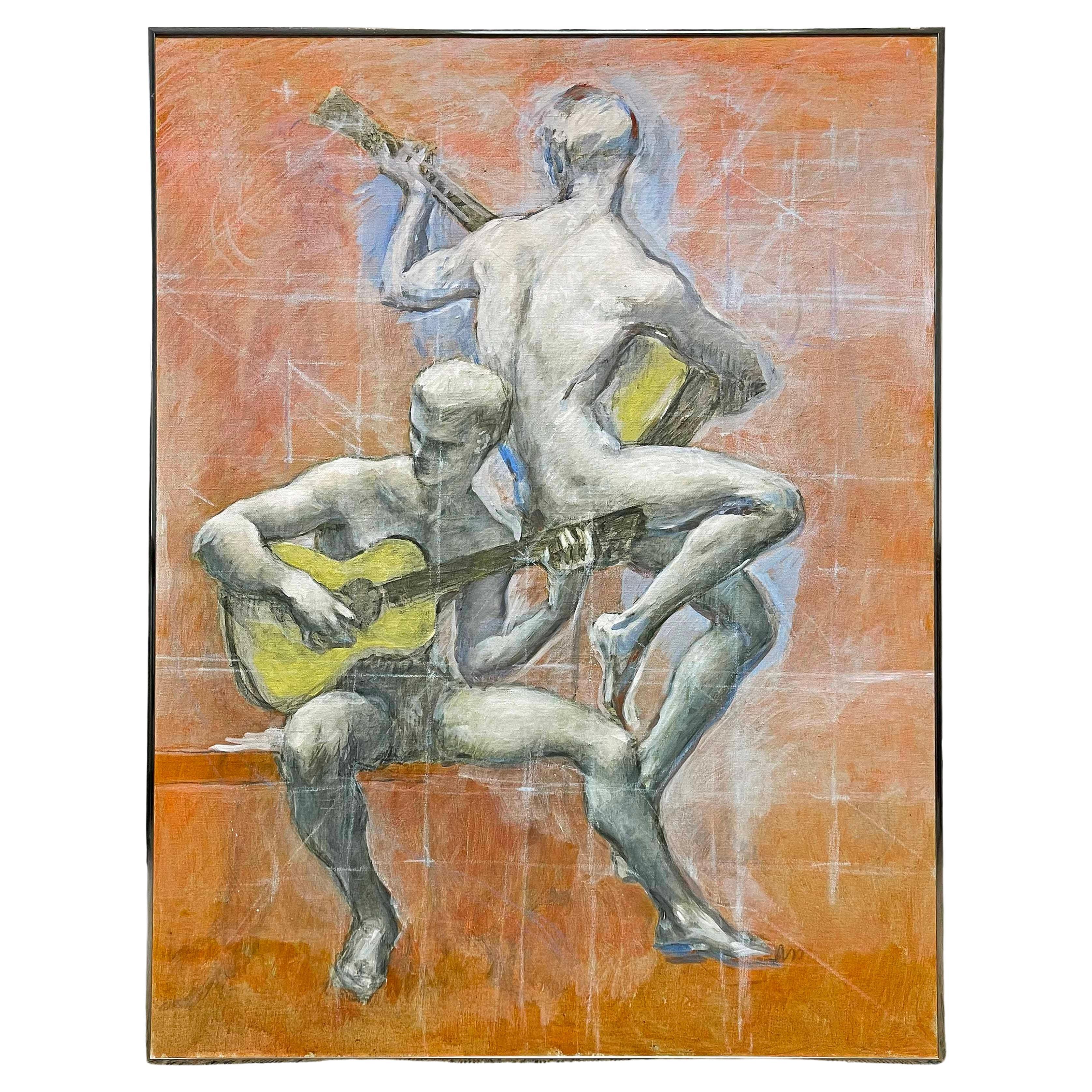 "Nudes with Guitars", Mid Century Painting w/ Male Nudes by Christopher Clark For Sale
