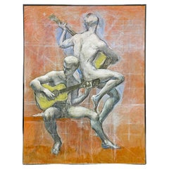 Retro "Nudes with Guitars", Mid Century Painting w/ Male Nudes by Christopher Clark