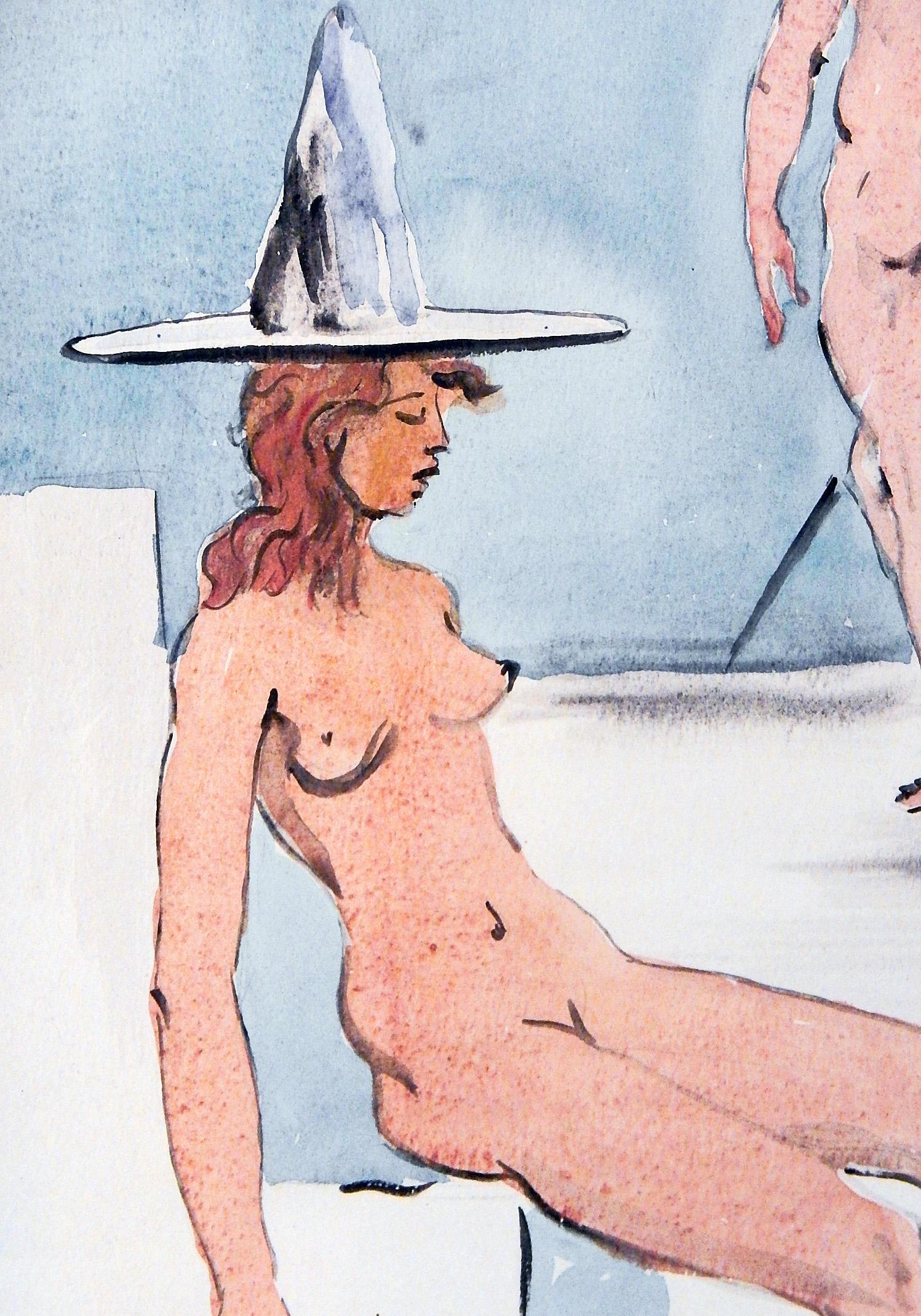 Art déco « Nus avec chapeaux », peinture surréaliste d'un couple masculin et d'une femme endormie, 1949 en vente