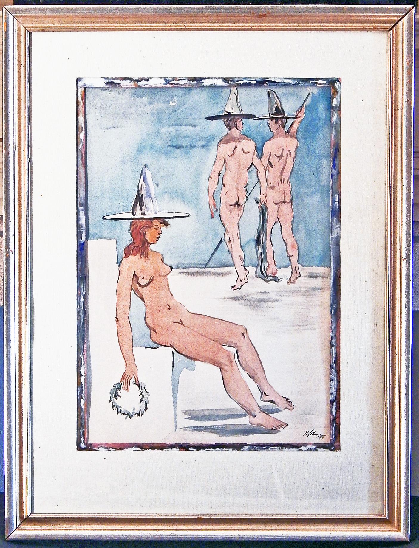 Peint « Nus avec chapeaux », peinture surréaliste d'un couple masculin et d'une femme endormie, 1949 en vente