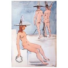 "Nudes with Hats, " Surreal Painting with Male Couple and Sleeping Female, 1949