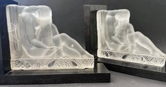 "Nudes with Waterfall Hair", Rare Pair of Art Deco Glass Bookends by Etling