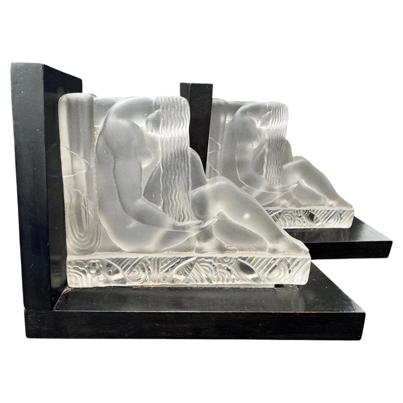 "Nudes with Waterfall Hair", Rare Pair of Art Deco Glass Bookends by Etling For Sale