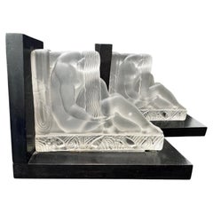 "Nudes with Waterfall Hair", Rare Pair of Art Deco Glass Bookends by Etling
