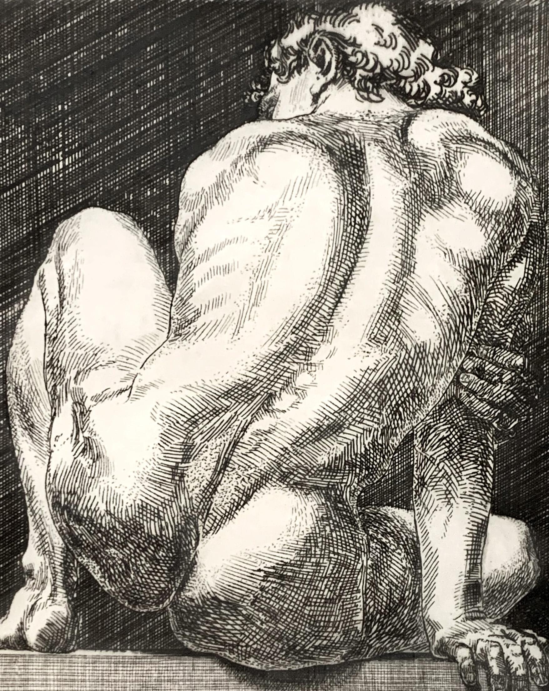 With a title that alludes to the great Ignudi in Michelangelo's Sistine Chapel ceiling, and with a bold clarity of detail that brings Albrecht Dürer's greatest etchings to mind, this 1984-vintage print depicts a muscular male nude in a seated