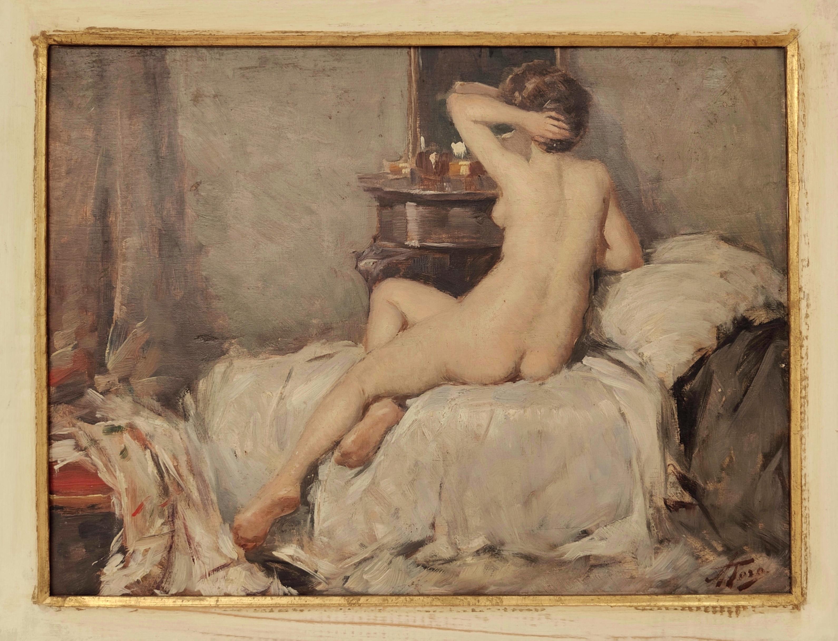 Olio su tavoletta di compensato raffigurante un nudo di donna di AttilioToro, pittore italiano nato e morto a Napoli.
Attilio Toro was a Neapolitan artist. He trained at his father's paternal workshop. His works present dense and luminous