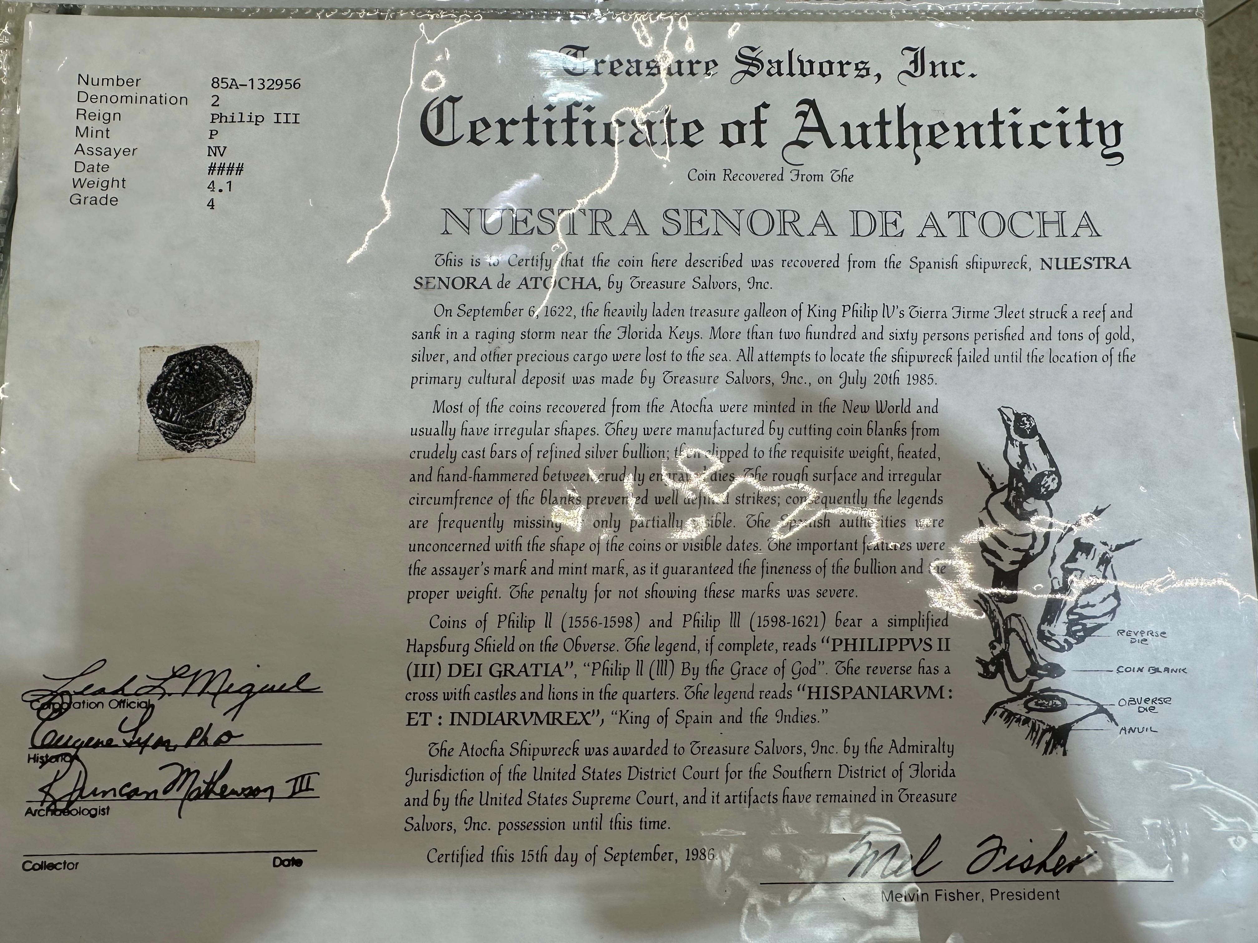 Nuestra Senora De Atocha coin super rare 16th cen. certified silver coin In Excellent Condition For Sale In Jupiter, FL