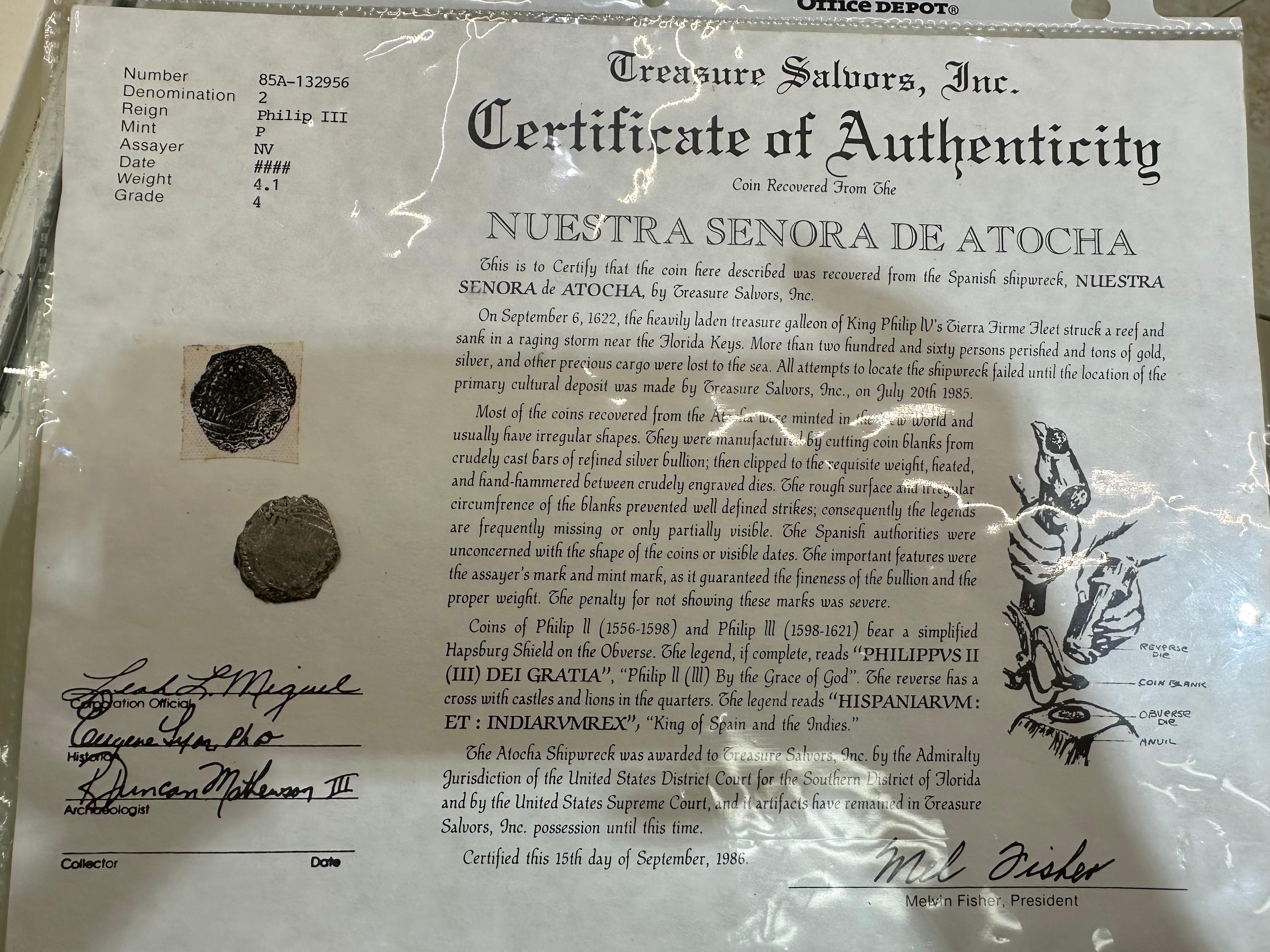 Nuestra Senora De Atocha coin super rare 16th cen. certified silver coin For Sale 1