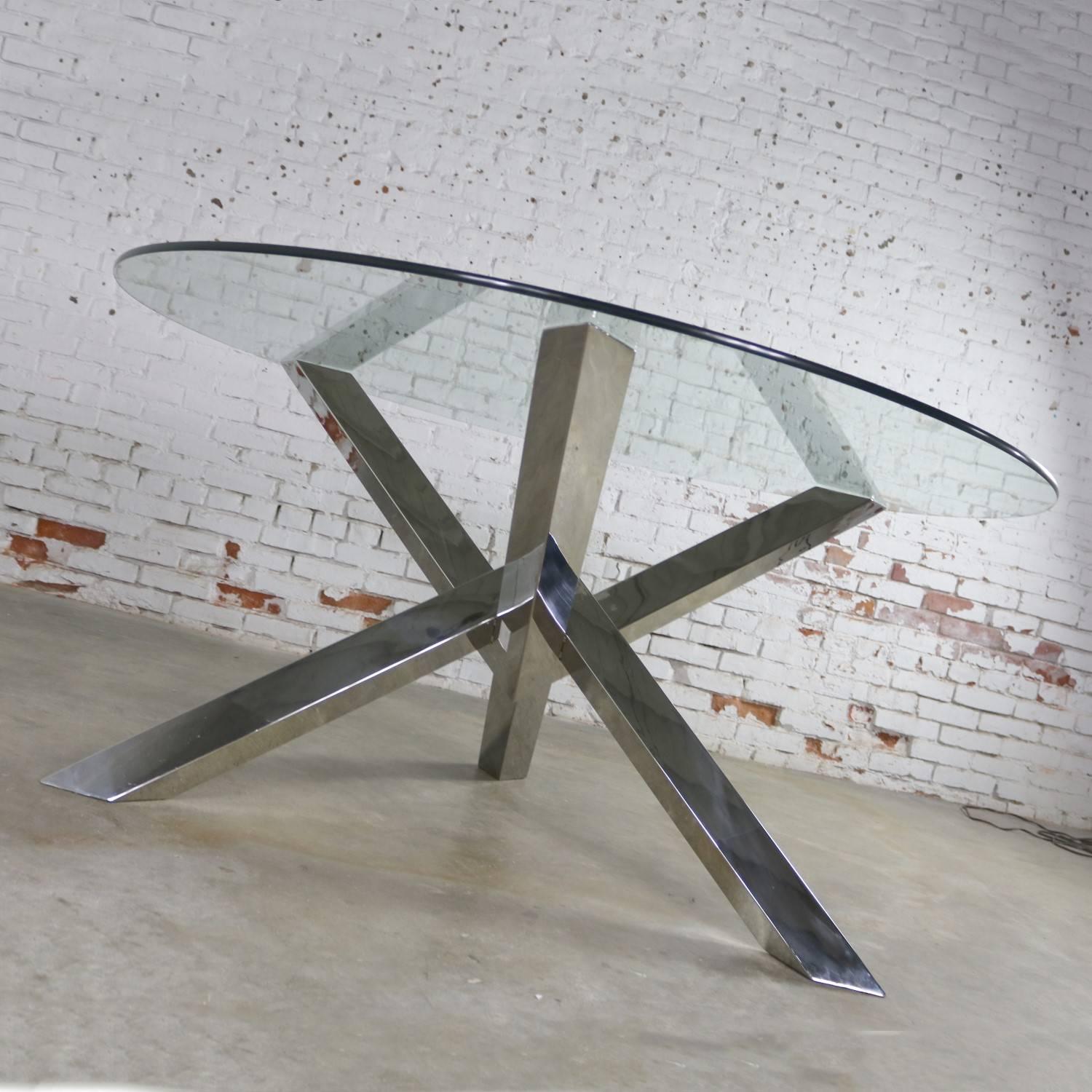 Contemporary Nuevo Costa Round Stainless-Steel Jacks Style Dining Table with Glass Top