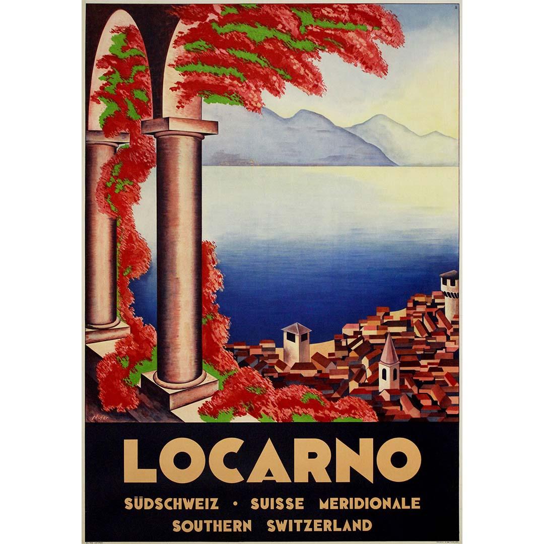 This original 1932 travel poster by Nufer captures the timeless allure of Locarno, the sun-drenched jewel of southern Switzerland. Designed with striking Art Deco precision, the composition frames the panoramic view of Lake Maggiore through elegant