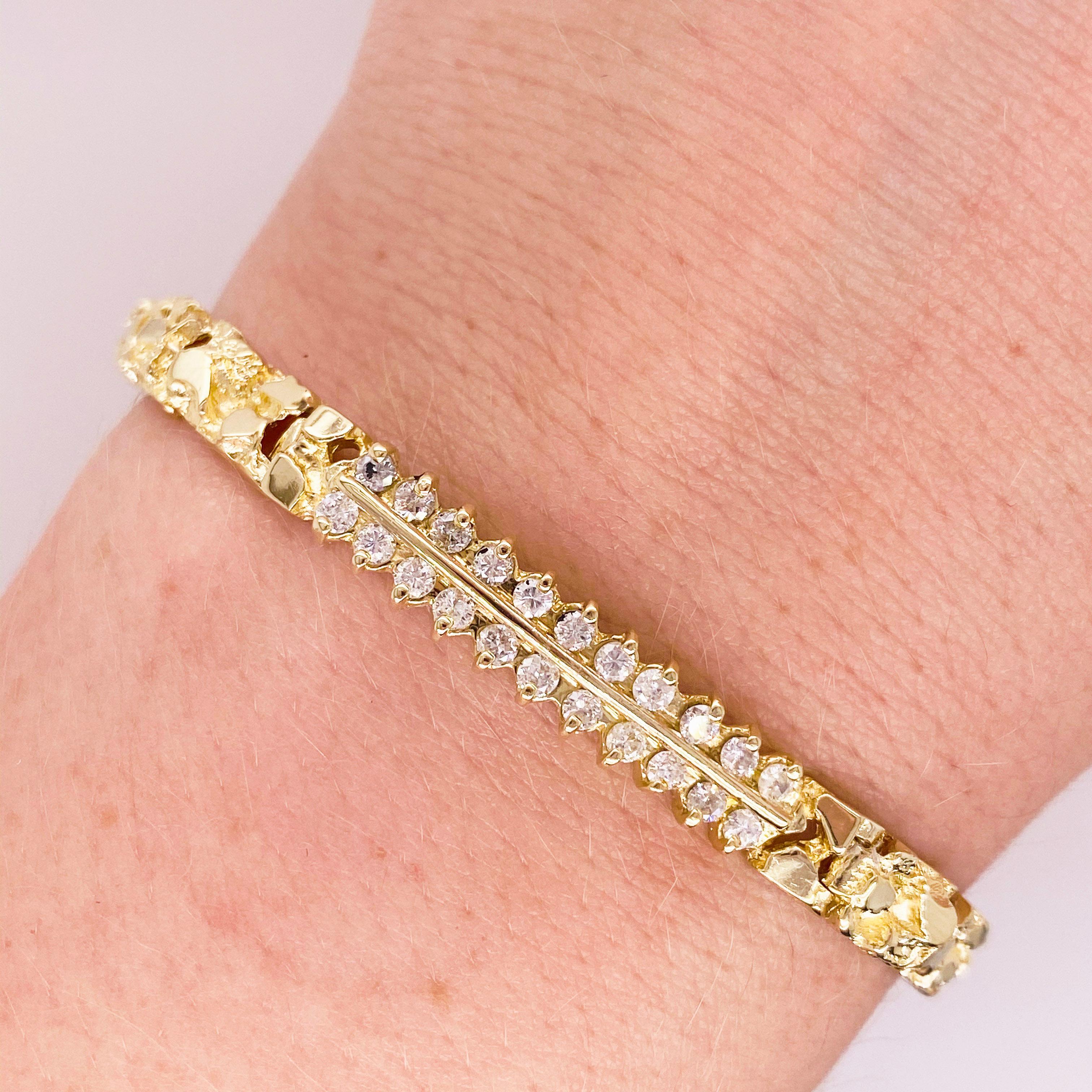 This retro, 1985, 14k yellow gold nugget bracelet dripping with diamonds matches everything! It is the perfect mix of bold and understated, and would make a wonderful addition to any outfit, casual or formal. This bracelet would make the perfect