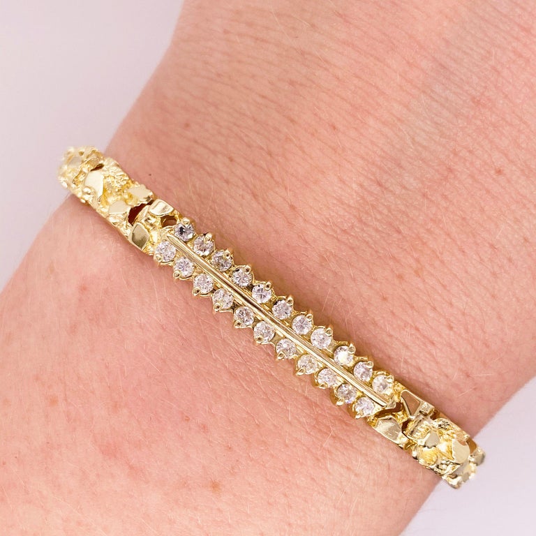 Nugget Diamond Bracelet, 14 Karat Yellow Gold, Gold Nugget Link Chain