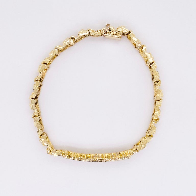 Nugget Diamond Bracelet, 14 Karat Yellow Gold, Gold Nugget Link Chain
