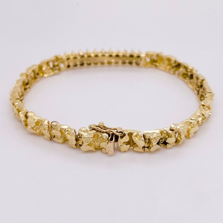 Nugget Diamond Bracelet, 14 Karat Yellow Gold, Gold Nugget Link Chain