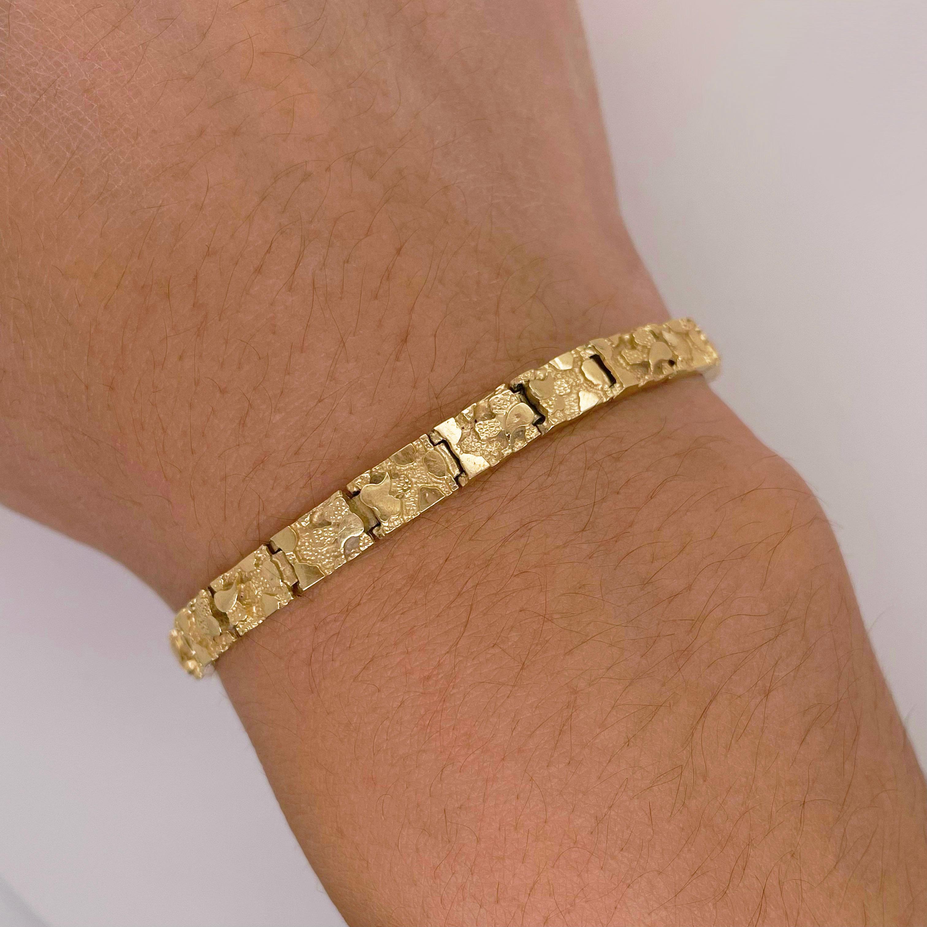Nugget-Gliederarmband, 14K Gelbgold Schweres strukturiertes Unisex-Armband 1