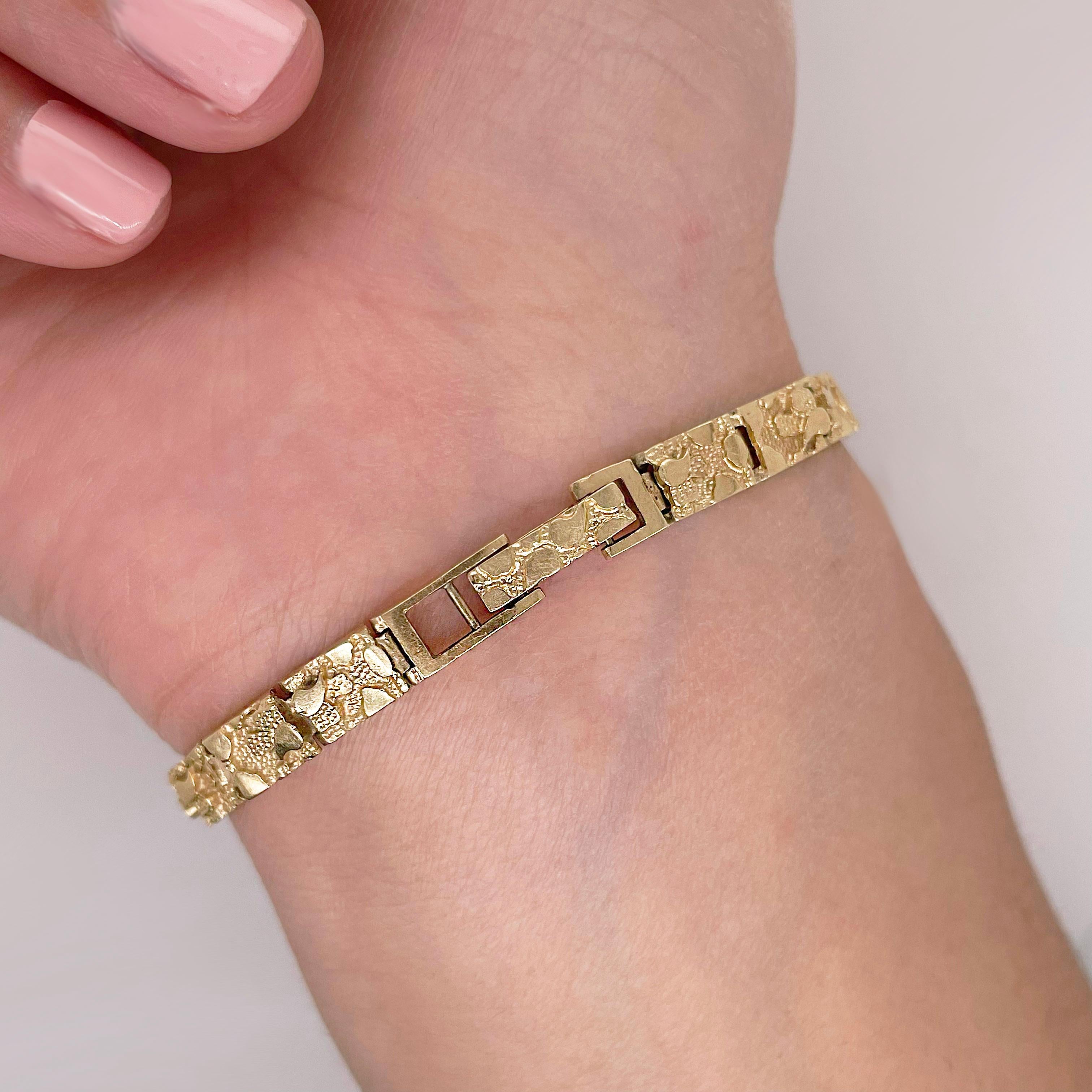 Nugget-Gliederarmband, 14K Gelbgold Schweres strukturiertes Unisex-Armband 2