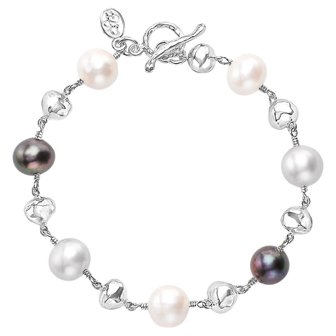 Nugget & Mixed Freshwater Pearl Bracelet In Sterling Silver For Sale
