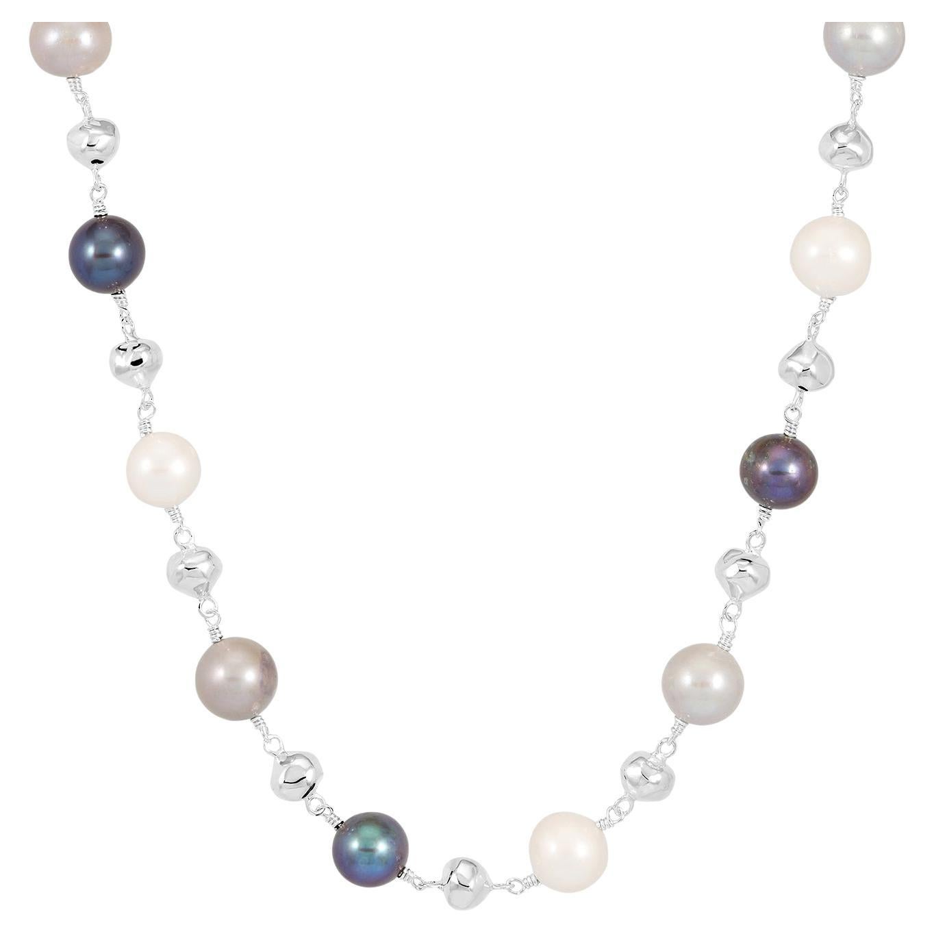 Nugget & Mixed Freshwater Pearl Necklace In Sterling Silver For Sale