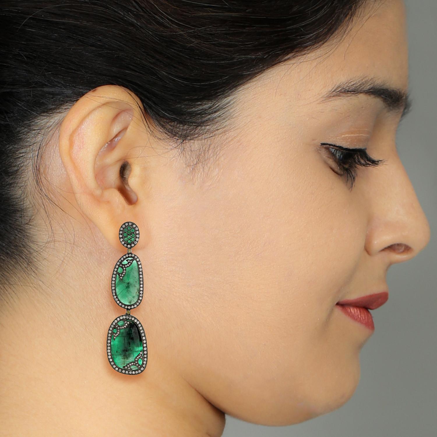 Art Deco Nugget & Oval Shaped Emerald Earrings with Pave Diamonds in 18k Gold & Silver For Sale