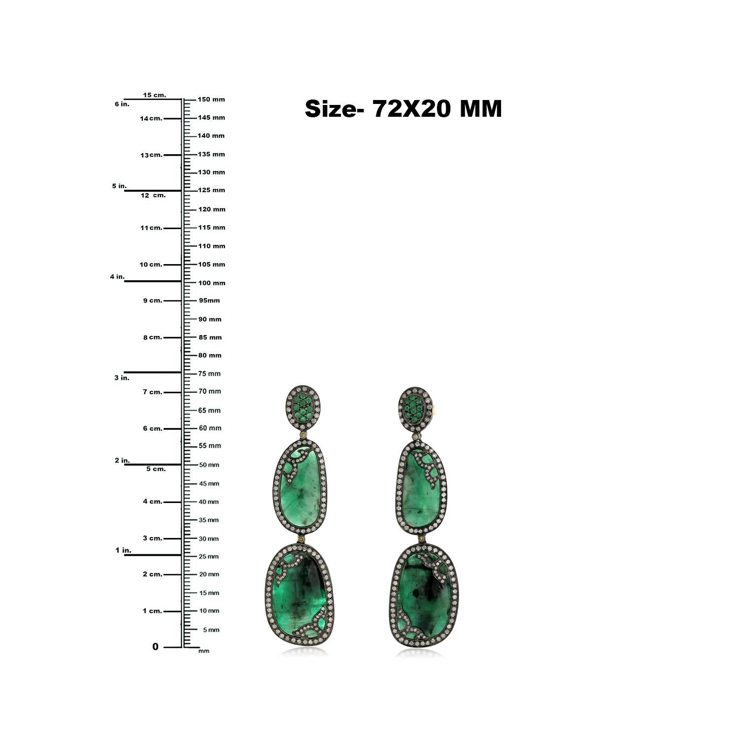 Mixed Cut Nugget & Oval Shaped Emerald Earrings with Pave Diamonds in 18k Gold & Silver For Sale