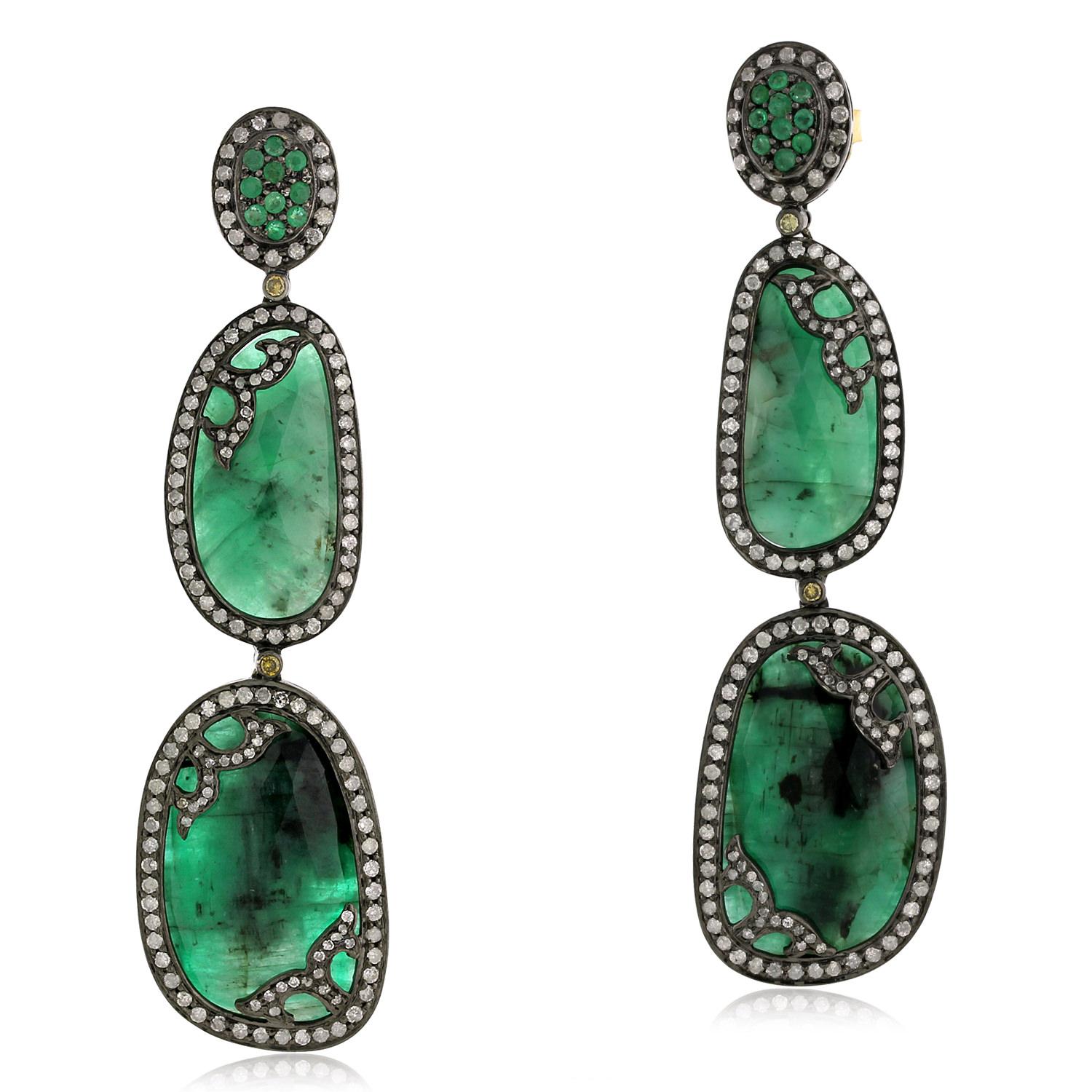 Nugget & Oval Shaped Emerald Earrings with Pave Diamonds in 18k Gold & Silver In New Condition For Sale In New York, NY