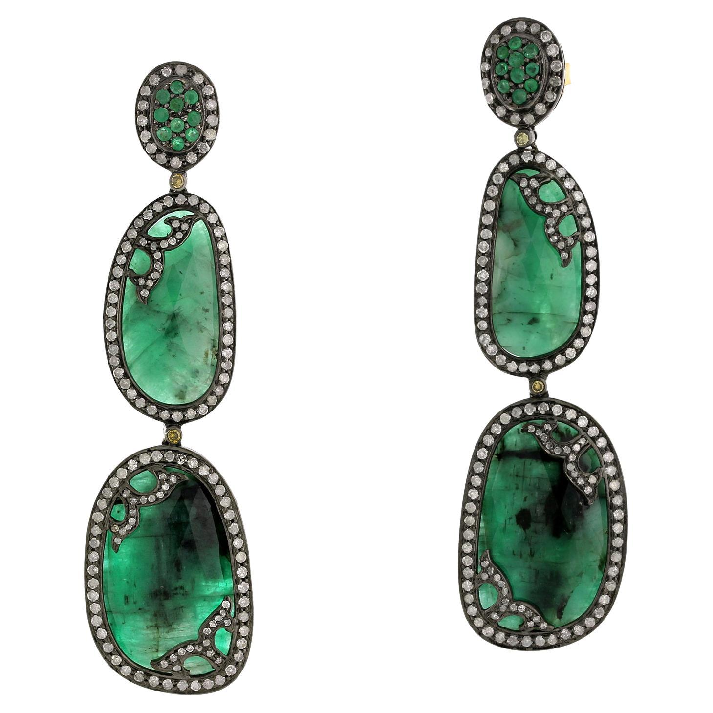 Nugget & Oval Shaped Emerald Earrings with Pave Diamonds in 18k Gold & Silver