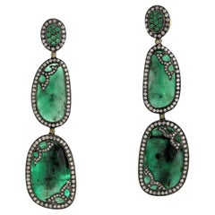 Nugget & Oval Shaped Emerald Earrings with Pave Diamonds in 18k Gold & Silver