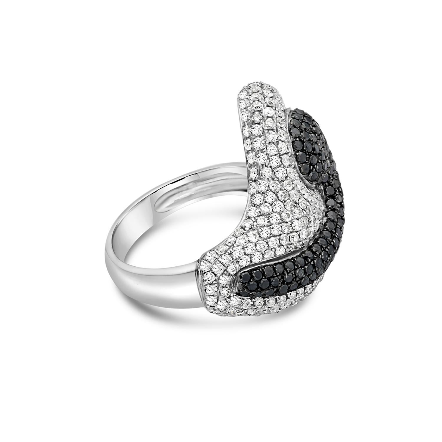 Mixed Cut Nugget Shaped Black & White Pave Diamond Ring Made In 18k White Gold For Sale