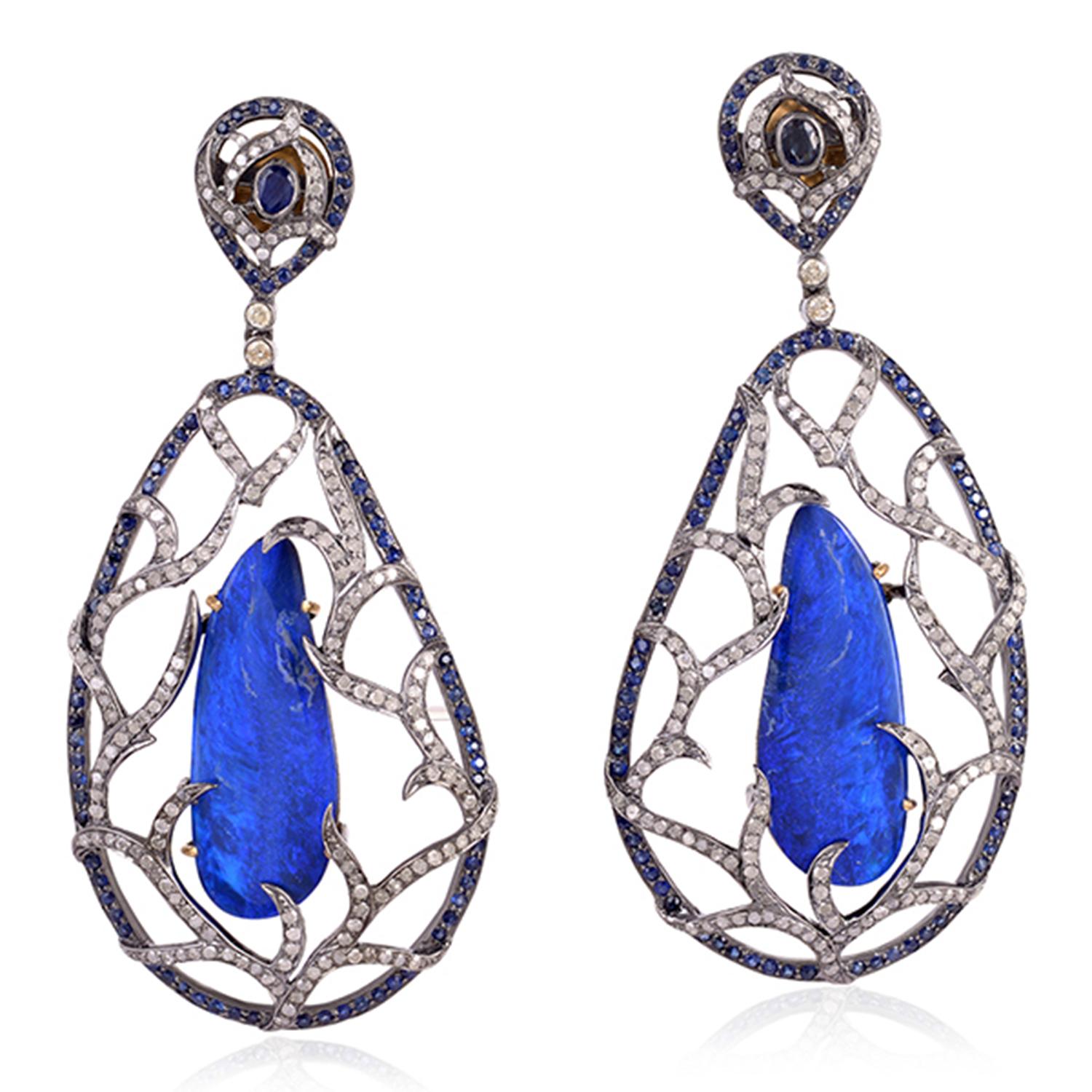 Mixed Cut Nugget Shaped Blue Sapphire Caged in Pave Diamonds Dangle Earrings For Sale