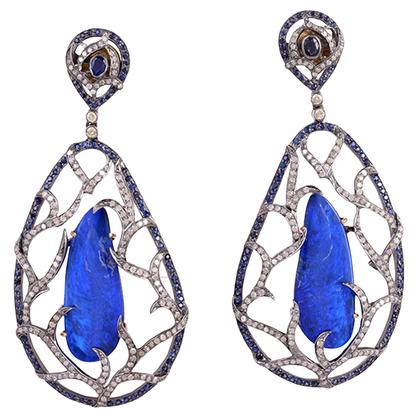 Nugget Shaped Blue Sapphire Caged in Pave Diamonds Dangle Earrings