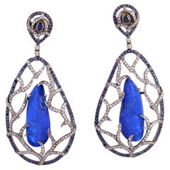 Nugget Shaped Blue Sapphire Caged in Pave Diamonds Dangle Earrings